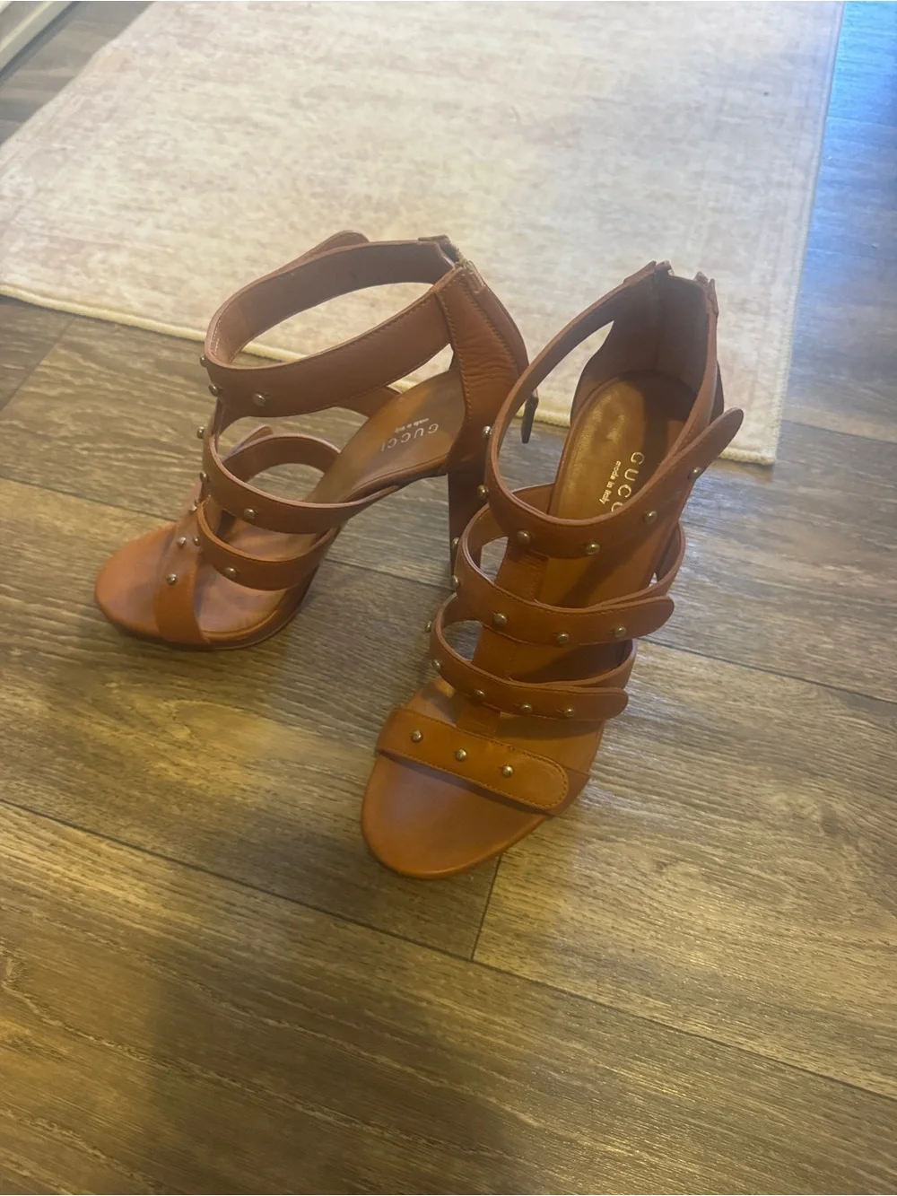 Gucci Brown Multi-Strap Studded Leather Heels - Barely worn